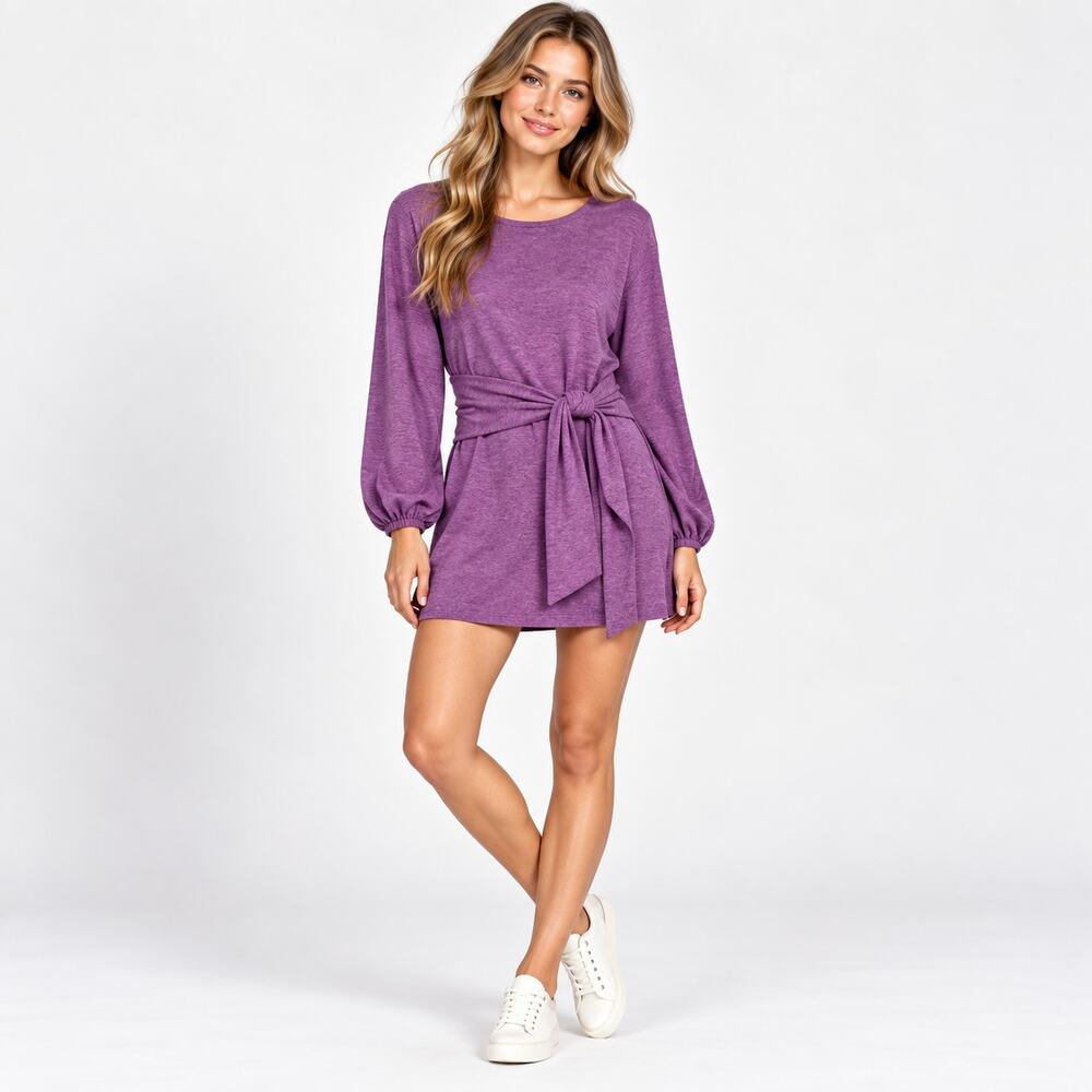 R. Vivimos Cotton Long Sleeve Dress Women's Size L Elegant Knitted Tie Waist